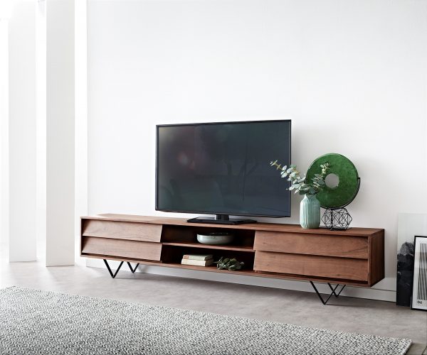 TV stolek Eloi 240x35 cm hnědá akácie 4 šuplíky podnož "V" černá
