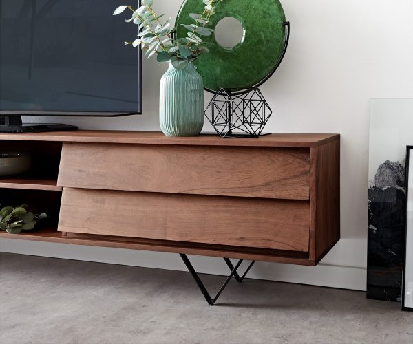 TV stolek Eloi 240x35 cm hnědá akácie 4 šuplíky podnož "V" černá - Image 6