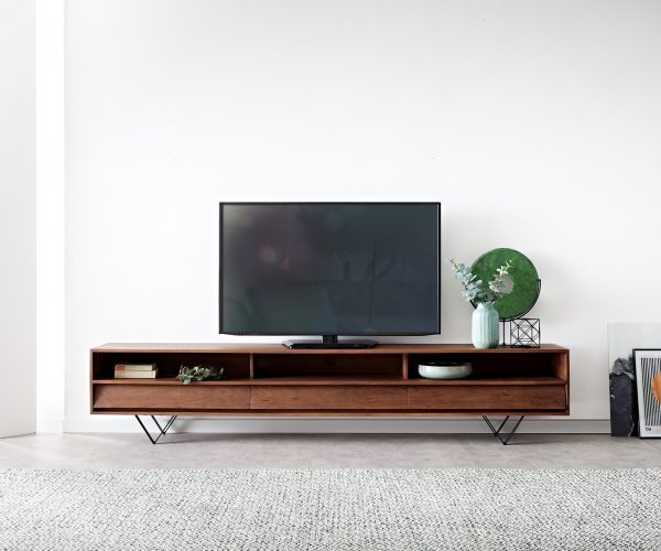 TV stolek Eloi 240x35 cm hnědá akácie 3 šuplíky podnož "V" černá