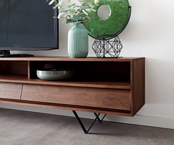 TV stolek Eloi 240x35 cm hnědá akácie 3 šuplíky podnož "V" černá - Image 6