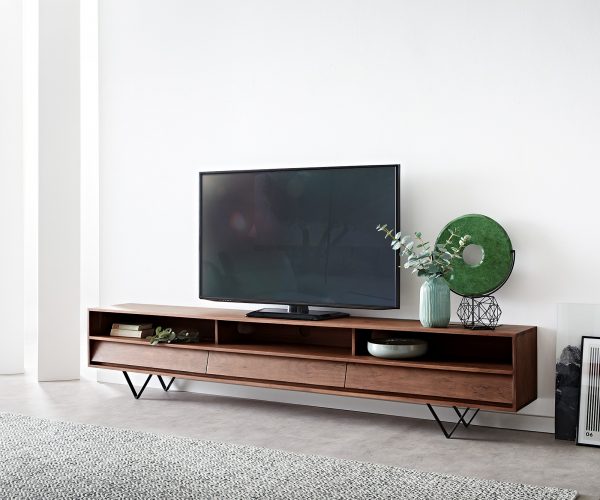 TV stolek Eloi 240x35 cm hnědá akácie 3 šuplíky podnož "V" černá - Image 2
