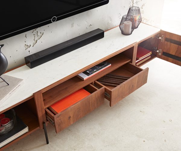 TV stolek Secara 200 cm akácie hnědá 2 dvířka 2 zásuvky mramorová podnož černá - Image 5