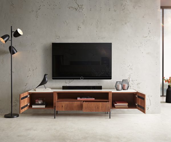 TV stolek Secara 200 cm akácie hnědá 2 dvířka 2 zásuvky mramorová podnož černá - Image 4