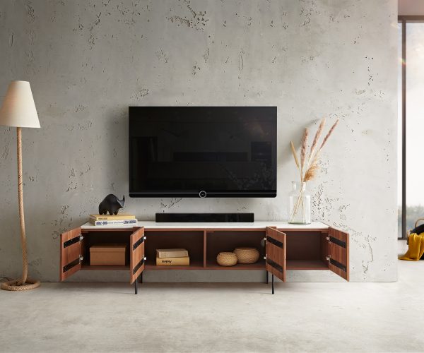 TV stolek Secara 175 cm akácie hnědá 4 dvířka mramorová podnož černá - Image 4