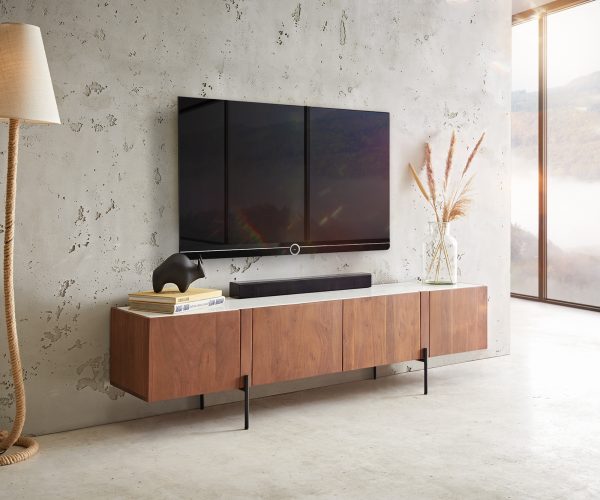 TV stolek Secara 175 cm akácie hnědá 4 dvířka mramorová podnož černá - Image 2
