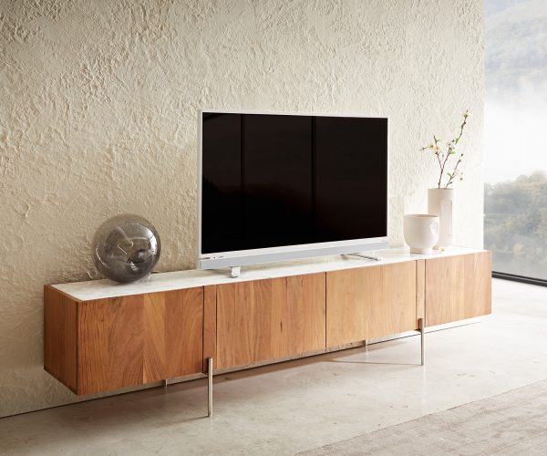 TV stolek Secara 200 cm přírodní akácie 4 dvířka mramor podnož nerezová ocel