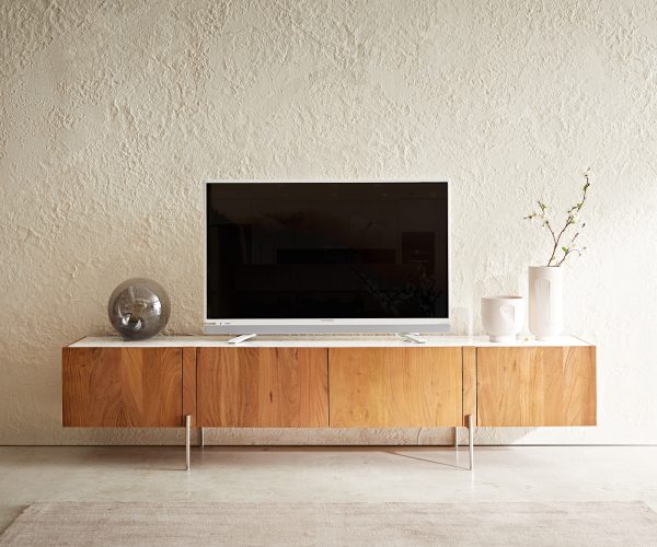 TV stolek Secara 200 cm přírodní akácie 4 dvířka mramor podnož nerezová ocel - Image 2