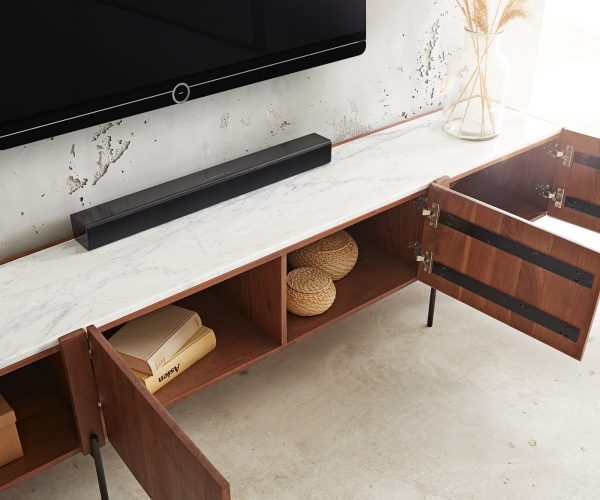 TV stolek Secara 220 cm akácie hnědá 4 dvířka mramorová podnož černá - Image 5
