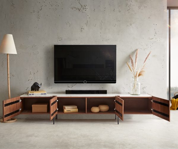 TV stolek Secara 220 cm akácie hnědá 4 dvířka mramorová podnož černá - Image 4