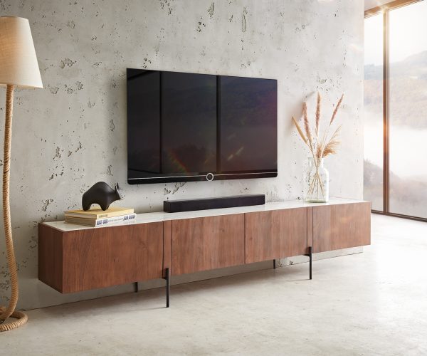 TV stolek Secara 220 cm akácie hnědá 4 dvířka mramorová podnož černá - Image 2