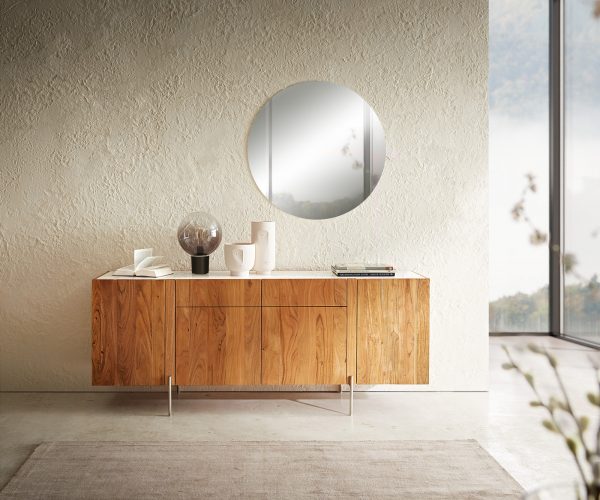 Komoda Secara 175 cm přírodní akácie 4 dvířka 2 zásuvky mramorová podnož nerezová ocel - Image 2