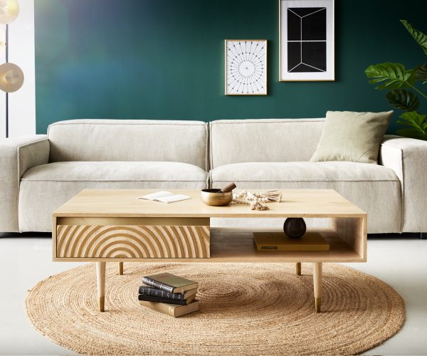 Konferenční stolek Budaya mango přírodní 115x60 cm 2 zásuvky 1 přihrádka kulatá podnož - Image 2