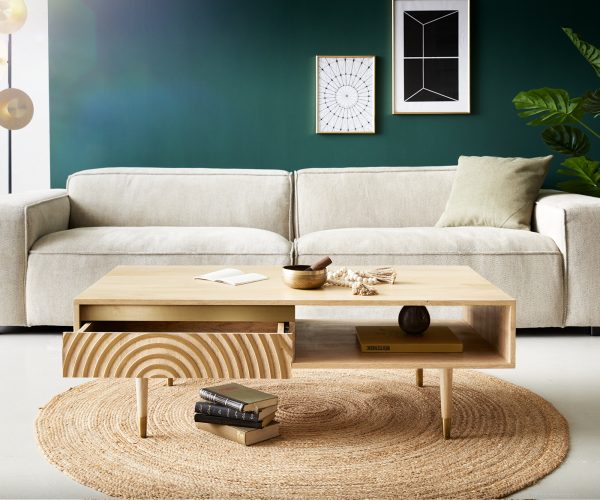 Konferenční stolek Budaya mango přírodní 115x60 cm 2 zásuvky 1 přihrádka kulatá podnož - Image 4