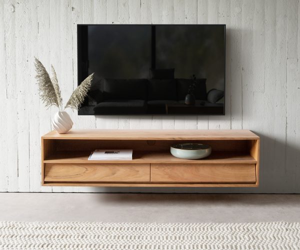 TV stolek Eloi 145x35 cm Akácie Přírodní 2 zásuvky plovoucí - Image 2