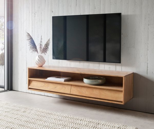 TV stolek Eloi 145x35 cm Akácie Přírodní 2 zásuvky plovoucí