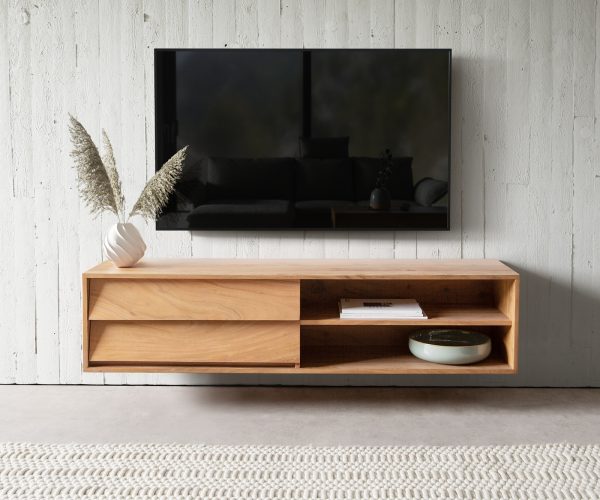 TV stolek Eloi 145x35 cm přírodní akácie 2 šuplíky 2 přihrádky závěsný - Image 2