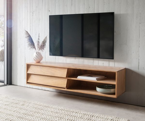TV stolek Eloi 145x35 cm přírodní akácie 2 šuplíky 2 přihrádky závěsný