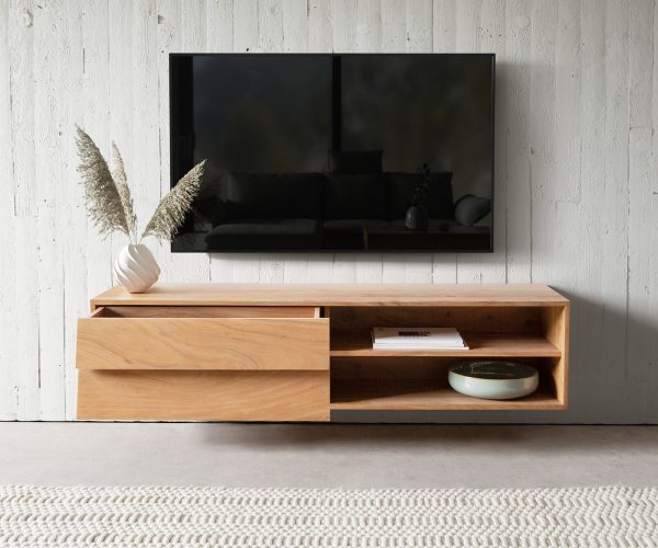 TV stolek Eloi 145x35 cm přírodní akácie 2 šuplíky 2 přihrádky závěsný - Image 4
