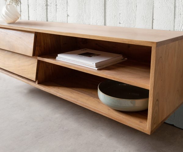 TV stolek Eloi 145x35 cm přírodní akácie 2 šuplíky 2 přihrádky závěsný - Image 5
