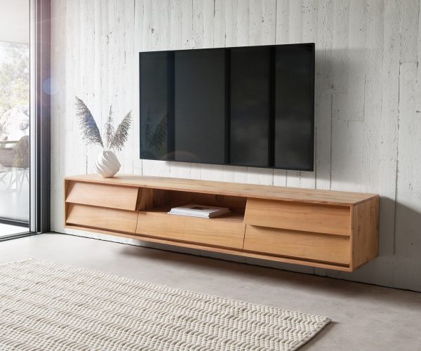 TV stolek Eloi 200x35 cm akácie přírodní 2 dvířka 1 zásuvka závěsné