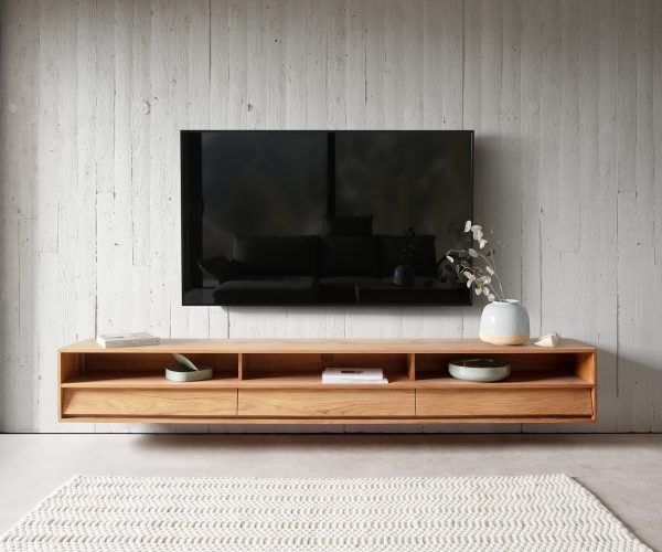 TV stolek Eloi 240x35 cm Akácie Přírodní 3 zásuvky plovoucí - Image 2