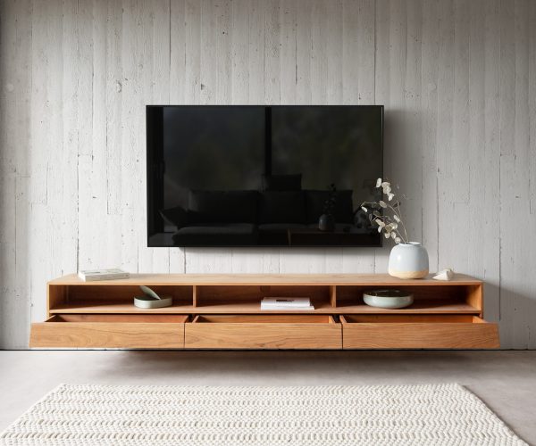 TV stolek Eloi 240x35 cm Akácie Přírodní 3 zásuvky plovoucí - Image 4
