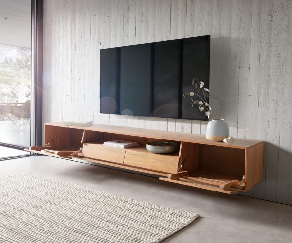 TV stolek Eloi 240x35 cm Akácie Přírodní 2 dvířka 2 zásuvky plovoucí - Image 4