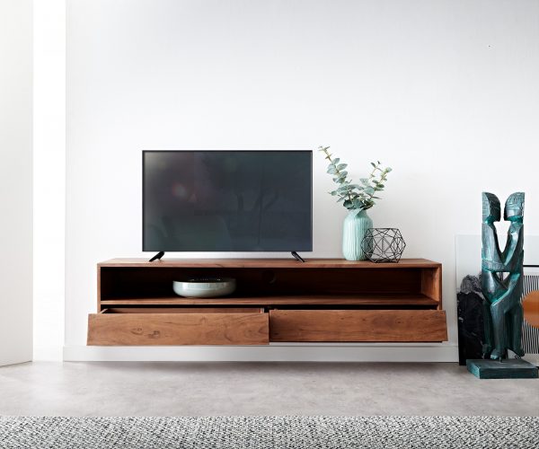 TV stolek Eloi 145x35 cm hnědá akácie 2 šuplíky závěsný - Image 4
