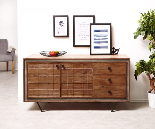 Komoda Stonegrace 150 cm akácie hnědá 3D 2 dvířka 3 zásuvky podnož ve tvaru "V" černá - Image 2