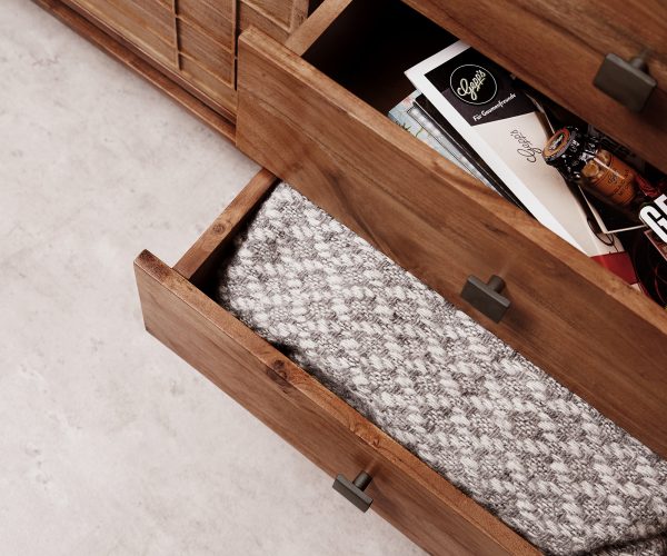 Komoda Stonegrace 150 cm akácie hnědá 3D 2 dvířka 3 zásuvky podnož ve tvaru "V" černá - Image 4