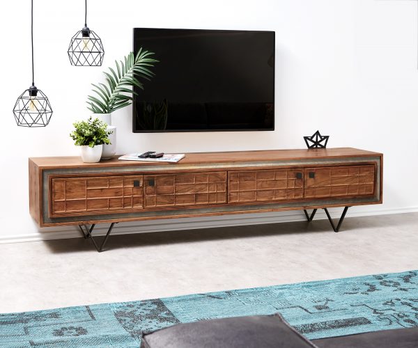 TV stolek Stonegrace 200 cm akácie hnědá 3D 4 dvířka podnož ve tvaru "V" černá