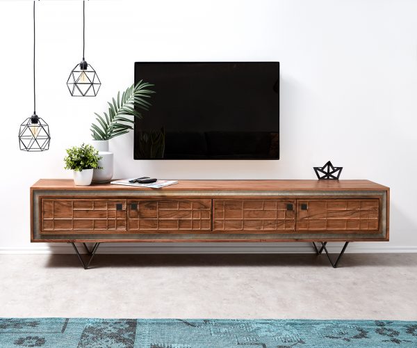 TV stolek Stonegrace 200 cm akácie hnědá 3D 4 dvířka podnož ve tvaru "V" černá - Image 2