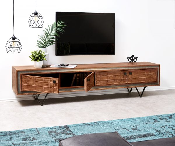 TV stolek Stonegrace 200 cm akácie hnědá 3D 4 dvířka podnož ve tvaru "V" černá - Image 4