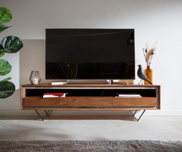 TV stolek Stonegrace 175 cm akácie hnědá kamenina 3 zásuvky 1 přihrádka podnož ve tvaru "V" černá - Image 2