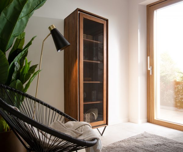 Skříň Stonegrace 60x180 cm hnědá akácie kamenná dýha 1 dvířka podnož "V" černá