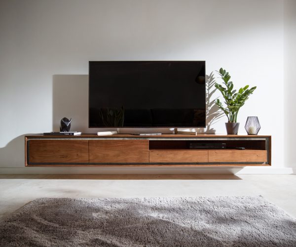 TV stolek Stonegrace 240 cm akácie hnědá kamenina 2 dvířka 2 zásuvky 1 přihrádka závěsné - Image 2