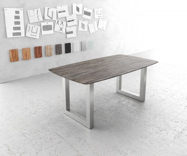 Jídelní stůl Edge zaoblená 180x90 akácie platina nerezová ocel široká podnož švýcarská hrana