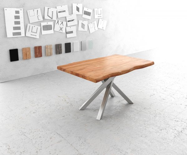 Jídelní stůl Edge 140x90 XL Akácie přírodní Cross Rám Rectangle Nerezová Ocel nepravidelná hrana