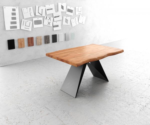Jídelní stůl Edge 140x90 XL Akácie Přírodní V-rám Plochá ocel Černá nepravidelná hrana