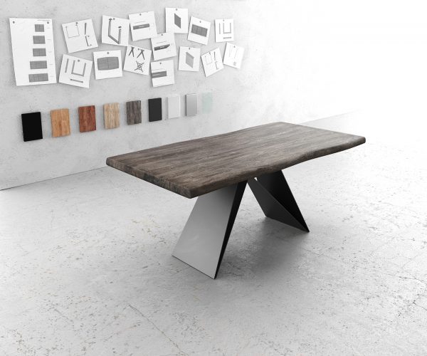 Jídelní stůl Edge 180x90 XL Akácie Platinum V-rám Plochá ocel Černá nepravidelná hrana