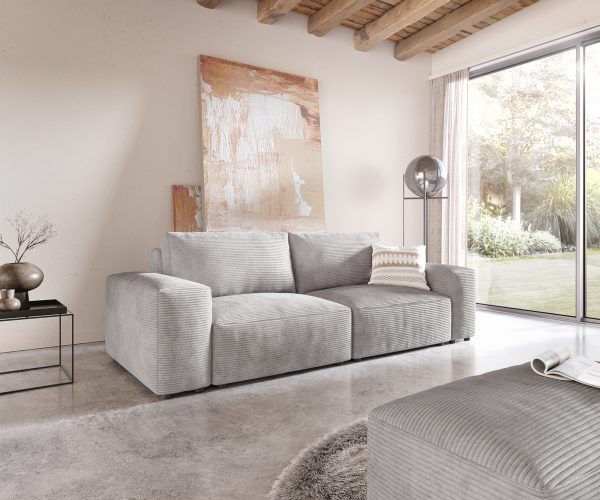 Velká pohovka Lanzo D 250x105 cm manšestr stříbrnošedá s podnožkou
