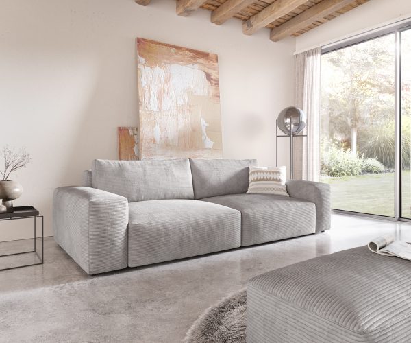 Velká pohovka Lanzo XL 270x125 cm manšestr stříbrnošedá s podnožkou
