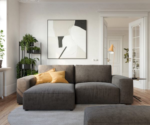 Rohová pohovka Lanzo D 260x160 cm mikrovlákno khaki hnědá variabilní lenoška s taburetem - Image 2
