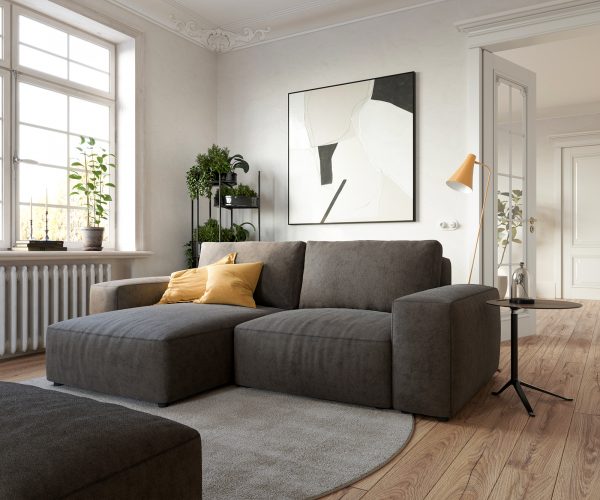 Rohová pohovka Lanzo D 260x160 cm mikrovlákno khaki hnědá variabilní lenoška s taburetem