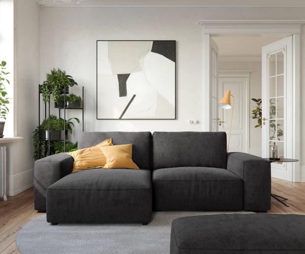 Rohová pohovka Lanzo L 260x160 cm černá mikrovlákno variabilní lenoška s taburetem - Image 2