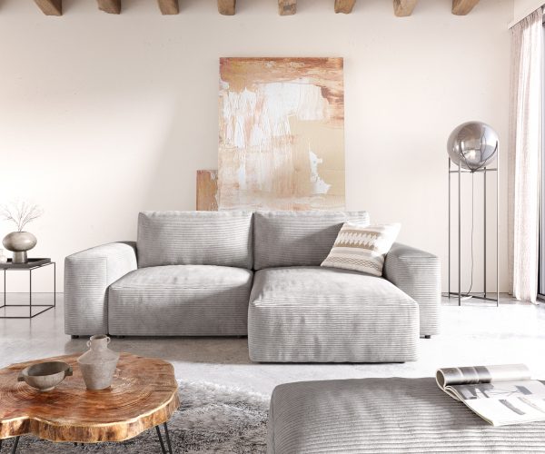Rohová pohovka Lanzo D 260x160 cm manšestr stříbrnošedá variabilní lenoška s taburetem - Image 2