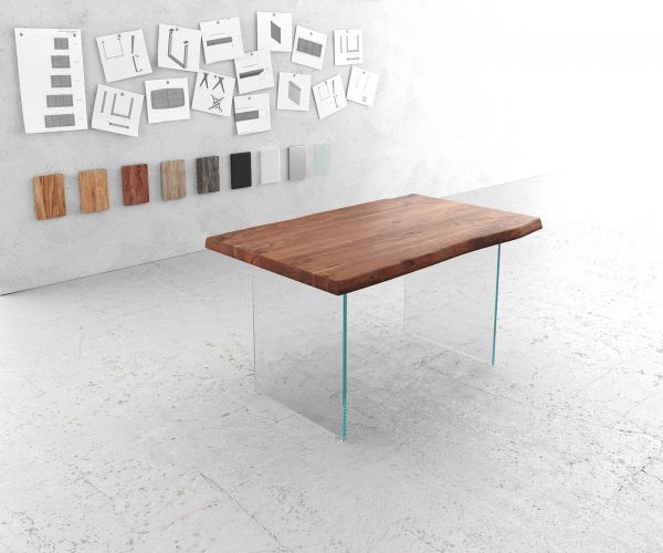 Jídelní stůl Edge 140x90 cm XL hnědá akácie skleněná podnož nepravidelná hrana