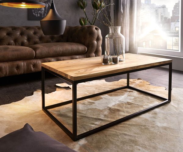Konferenční stolek Tatius 100x57 cm přírodní akácie černý kovová podstavec