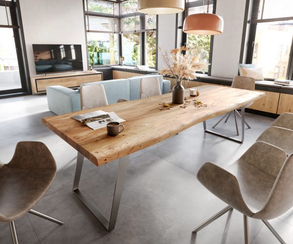 Jídelní stůl Edge 260x100cm XL akácie přírodní nerezová ocel stříbrná šikmá