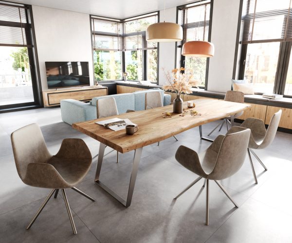 Jídelní stůl Edge 260x100cm XL akácie přírodní nerezová ocel stříbrná šikmá - Image 6